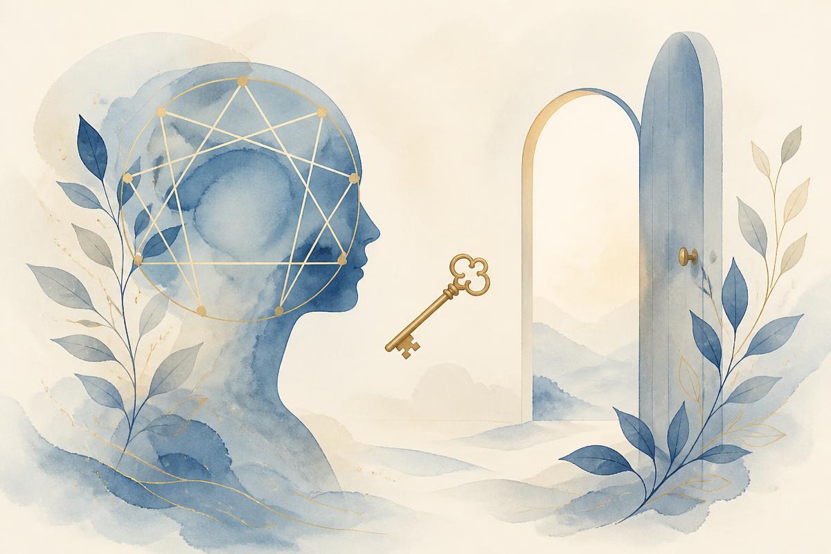 Ilustração elegante representando transformação interior, saúde mental e o símbolo do Eneagrama